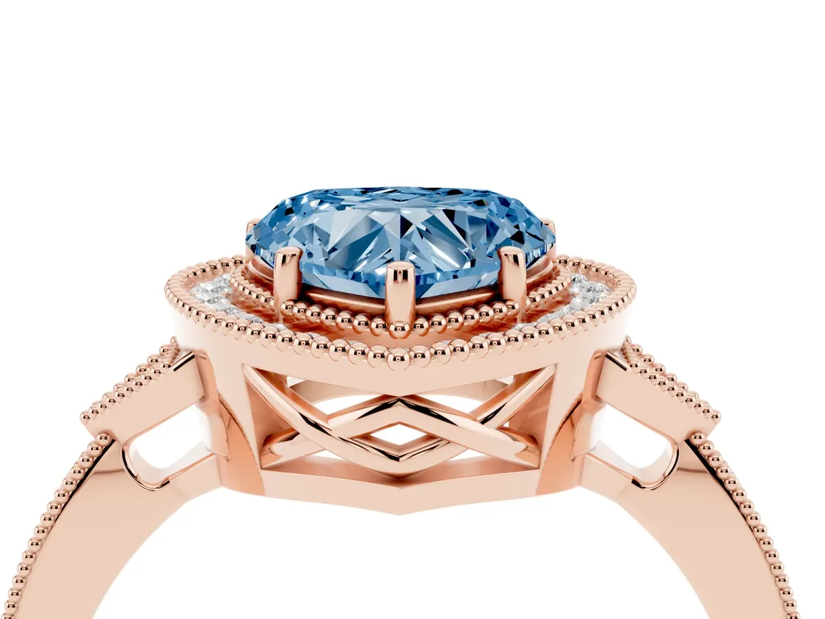 Fancy Blue Heart Cut Halo Round Diamond Milgrain Pave Engagement Ring Rose gold