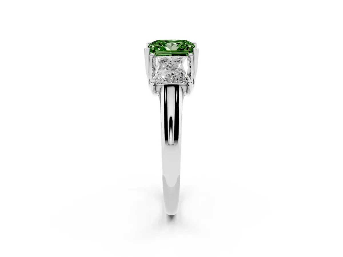 Fancy Green Three-Stone Princess Cut Diamond Engagement Ring with Prong Setting Platinum