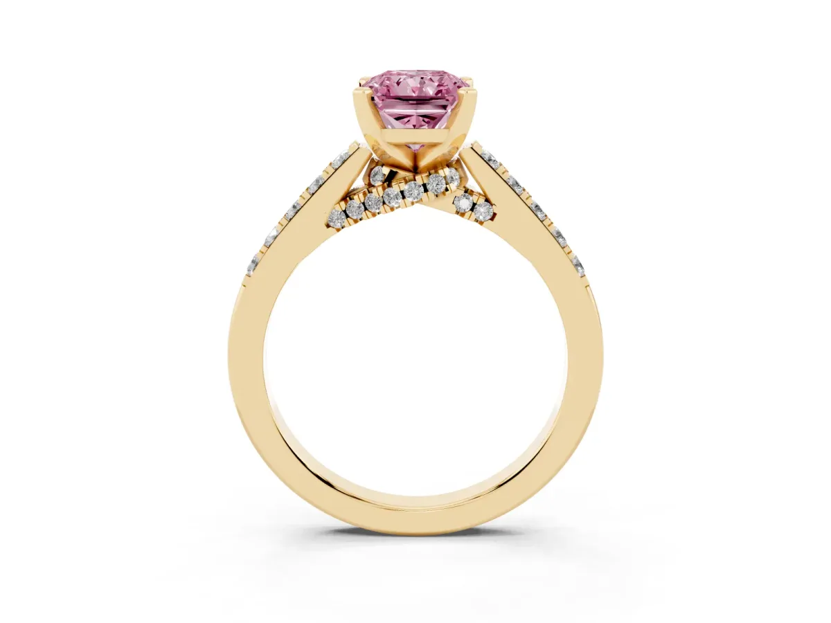 Fancy Pink Radiant Cut Diamond Solitaire Ring with Crossover Gallery and Round Pavé Band Yellow gold