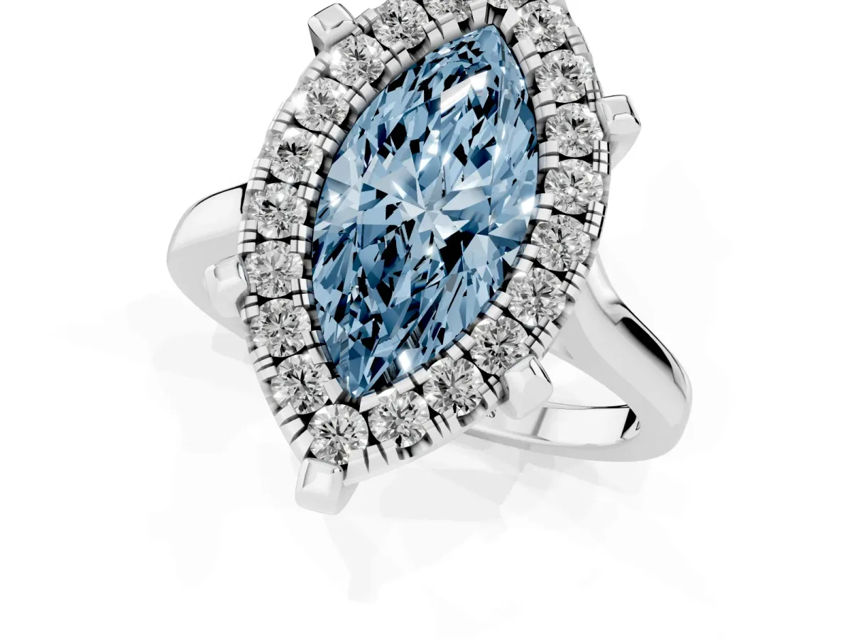 Fancy Blue Marquise Cut Diamond Cluster Halo Solitaire with Four-Prong Setting Silver