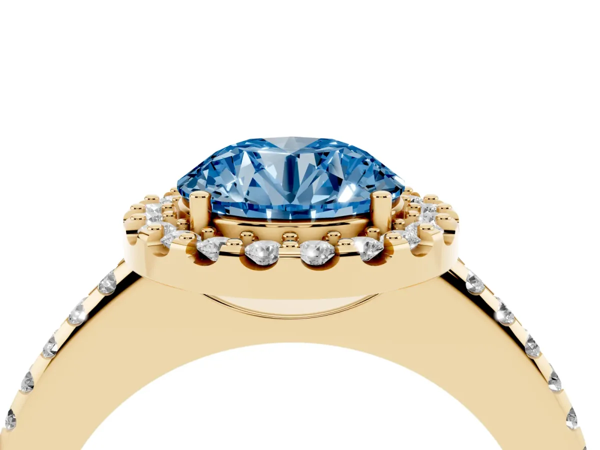 Fancy Blue Round Cut Diamond Pavé Halo Ring with Four-Prong Setting Yellow gold