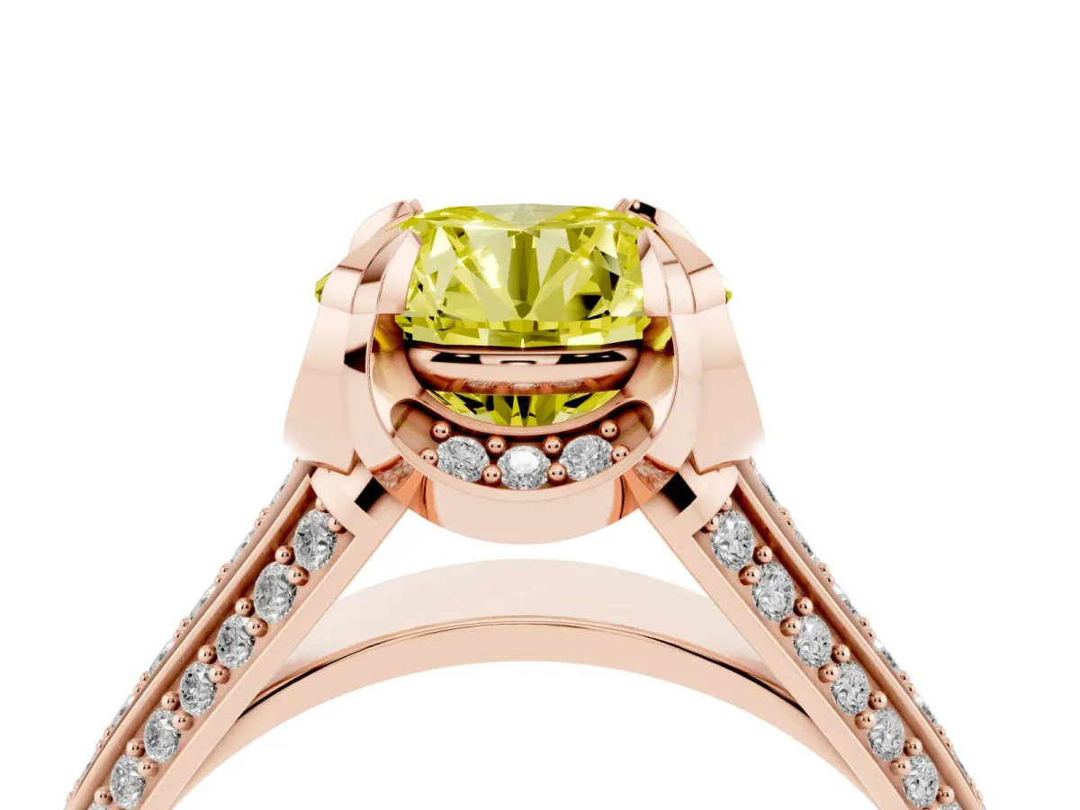 Fancy Yellow Round Cut Solitaire Pave Split Shank Ring with Four-Prong Setting Rose gold