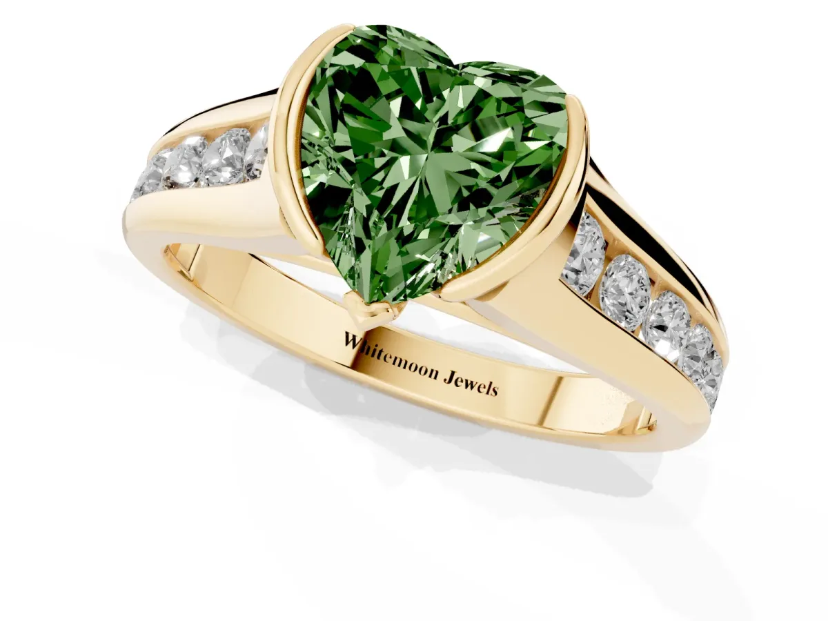 Fancy Green Heart Cut Solitaire Bezel-Set Diamond Ring with Channel-Set Band Yellow gold