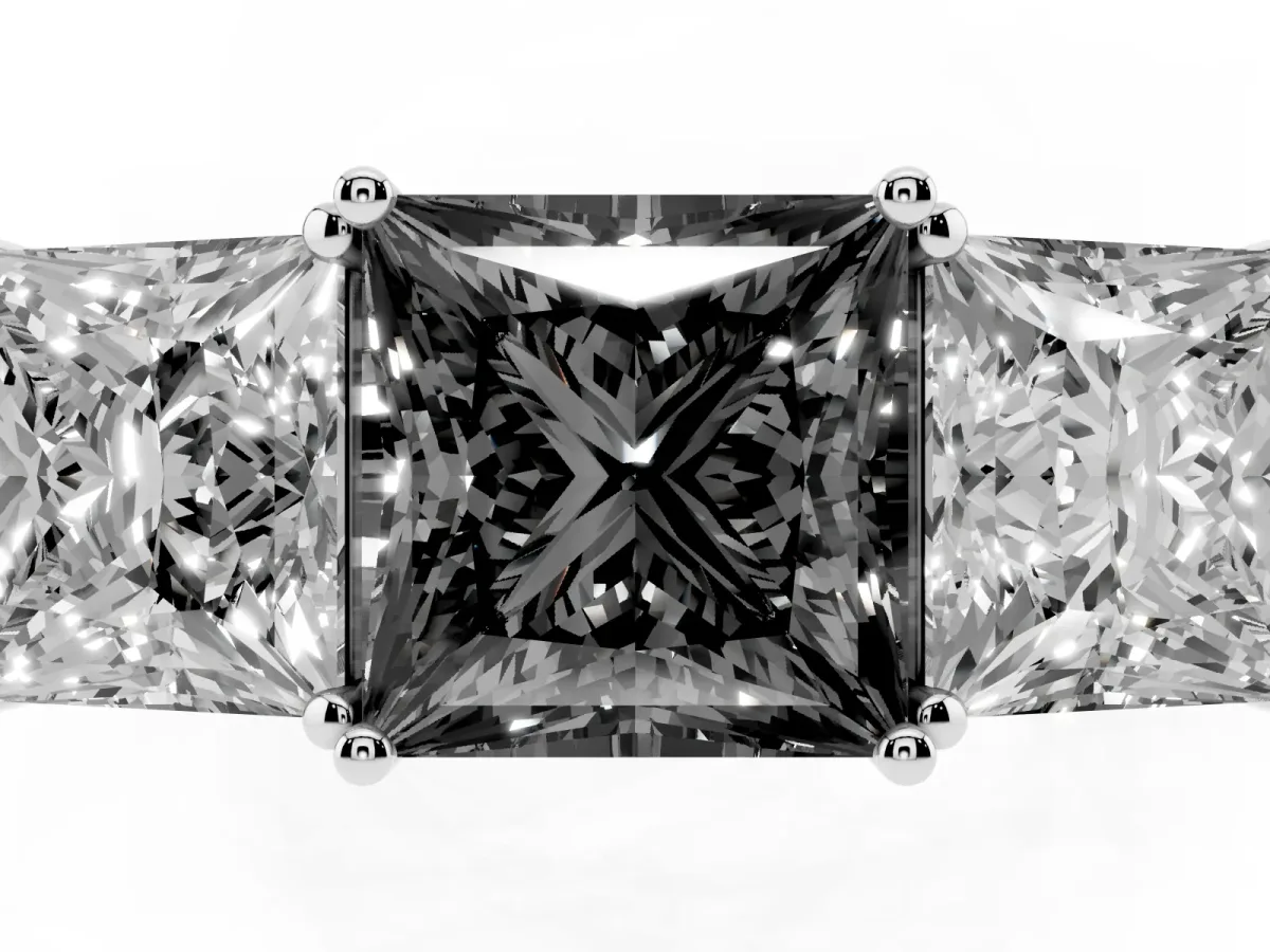 Fancy Black Princess Cut Diamond Three-Stone Ring with Prong Setting and Textured Band Silver