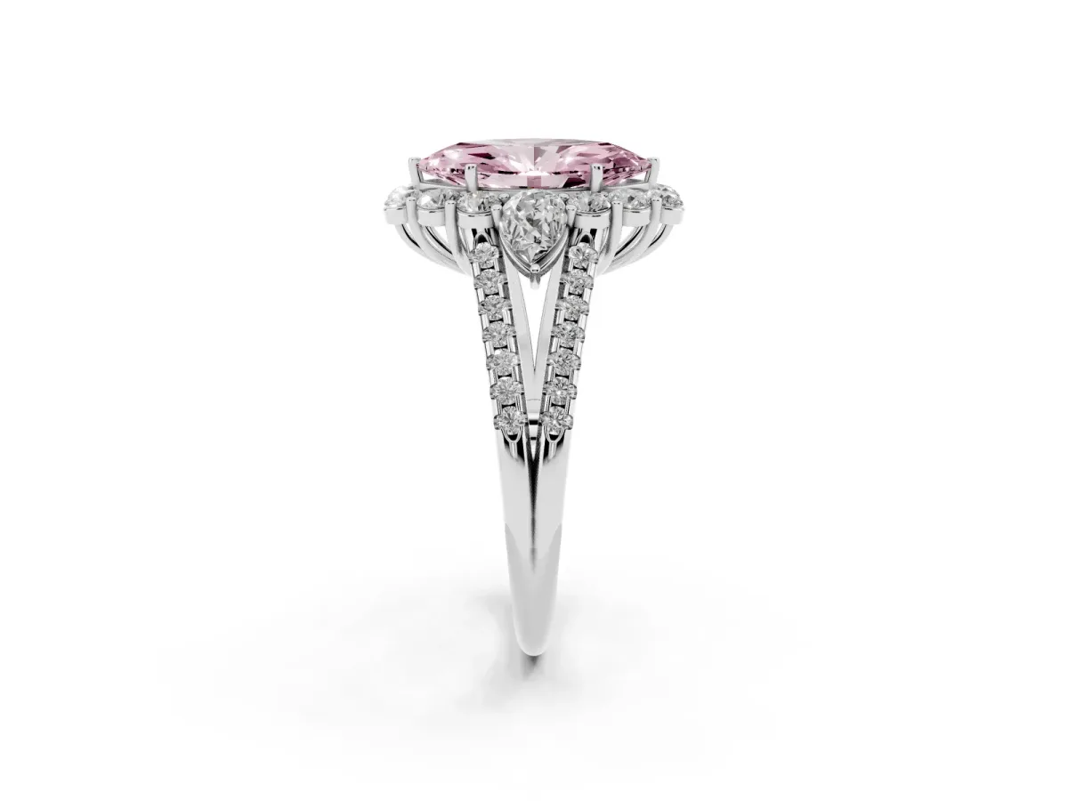 Fancy Pink Marquise Cut Halo Split Shank Diamond Engagement Ring with Prong Setting Silver