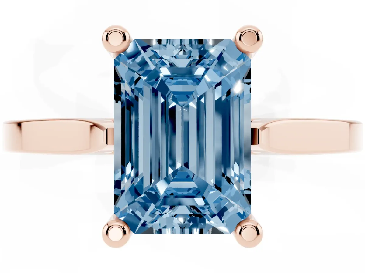Fancy Blue Emerald Cut Solitaire Diamond Ring with Four-Prong Setting and Tapered Band Rose gold