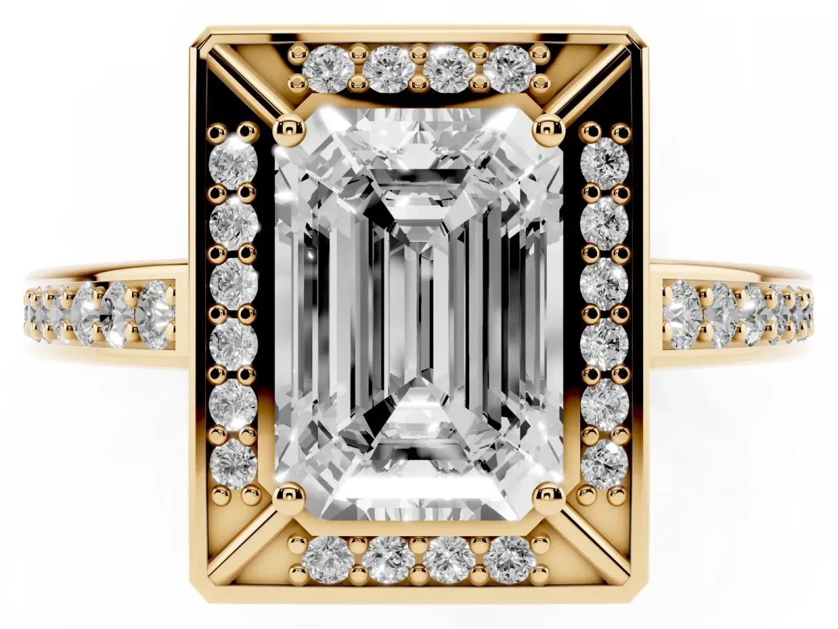 Emerald Cut Cut Halo Pave Split Shank Prong Setting Ring Yellow gold
