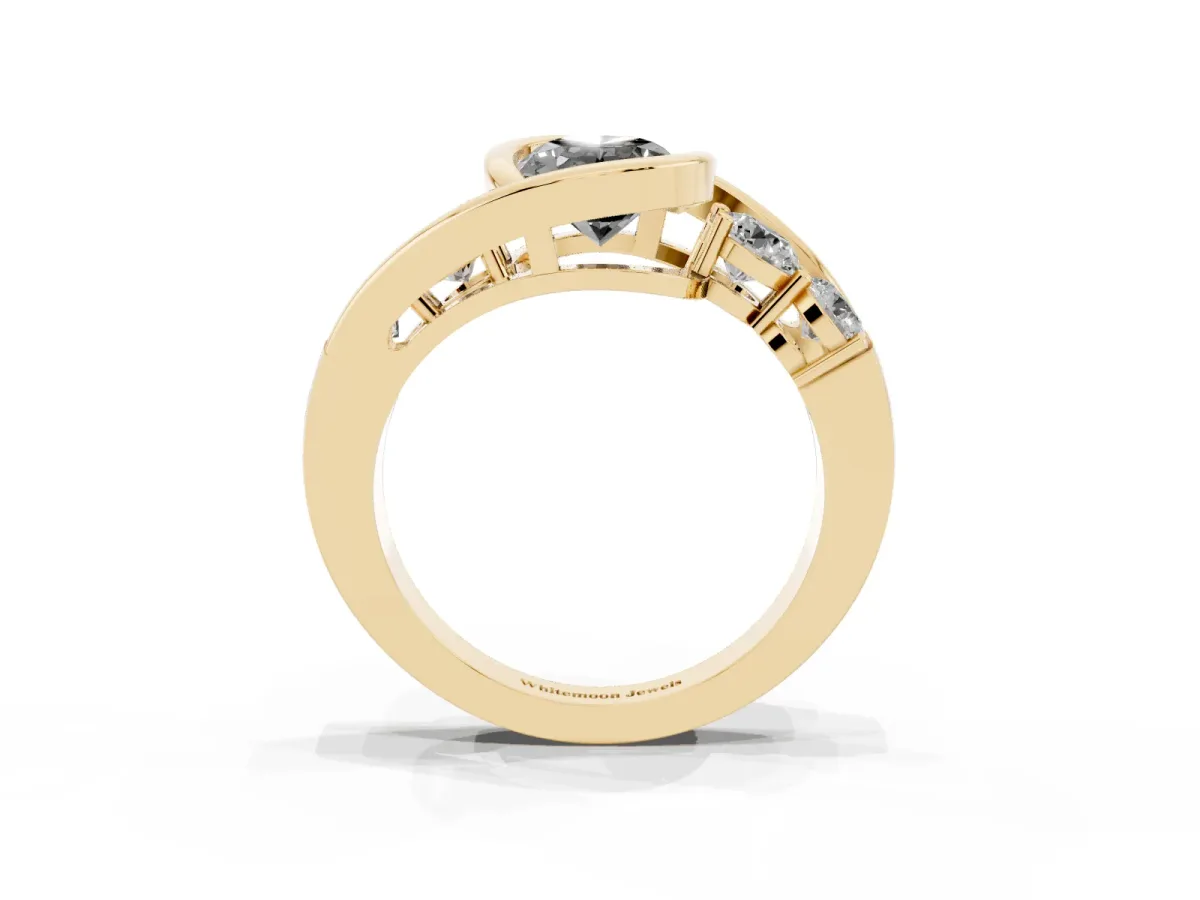 Fancy Black Bezel Set Oval Cut Diamond Bypass Ring with Round Accents Yellow gold