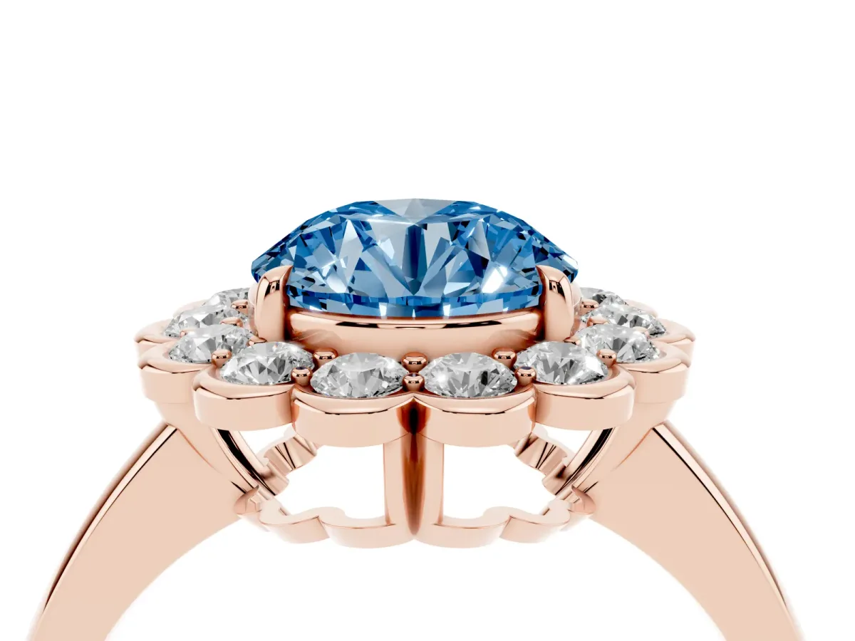 Fancy Blue Round Cut Halo Cluster Diamond Engagement Ring with Solitaire Band and Prong Setting Rose gold