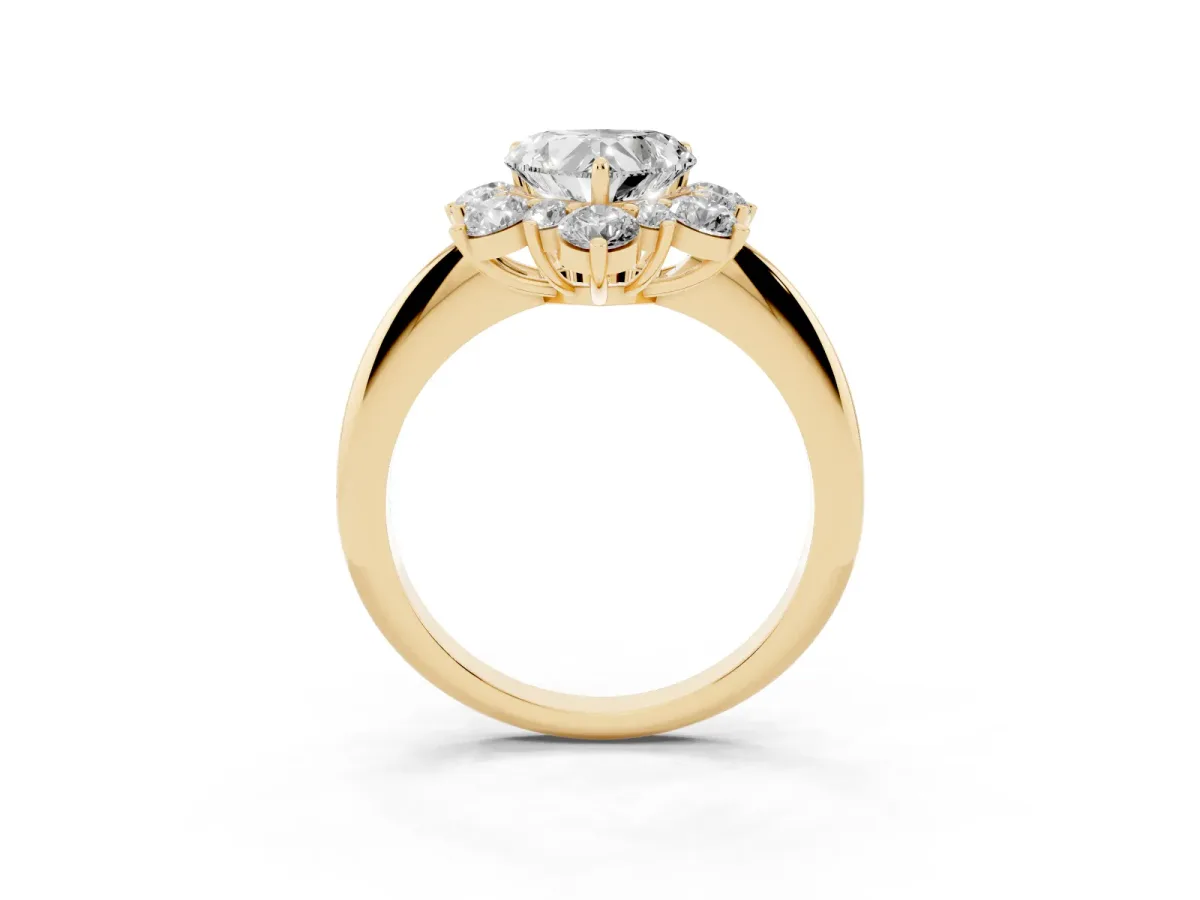Heart Cut Diamond Cluster Halo Ring with Solitaire Band and Four-Prong Setting Yellow gold