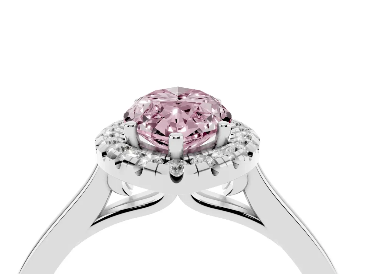 Fancy Pink Marquise Cut Halo Round Diamond Solitaire Ring with Pavé Band and Four-Prong Setting Silver