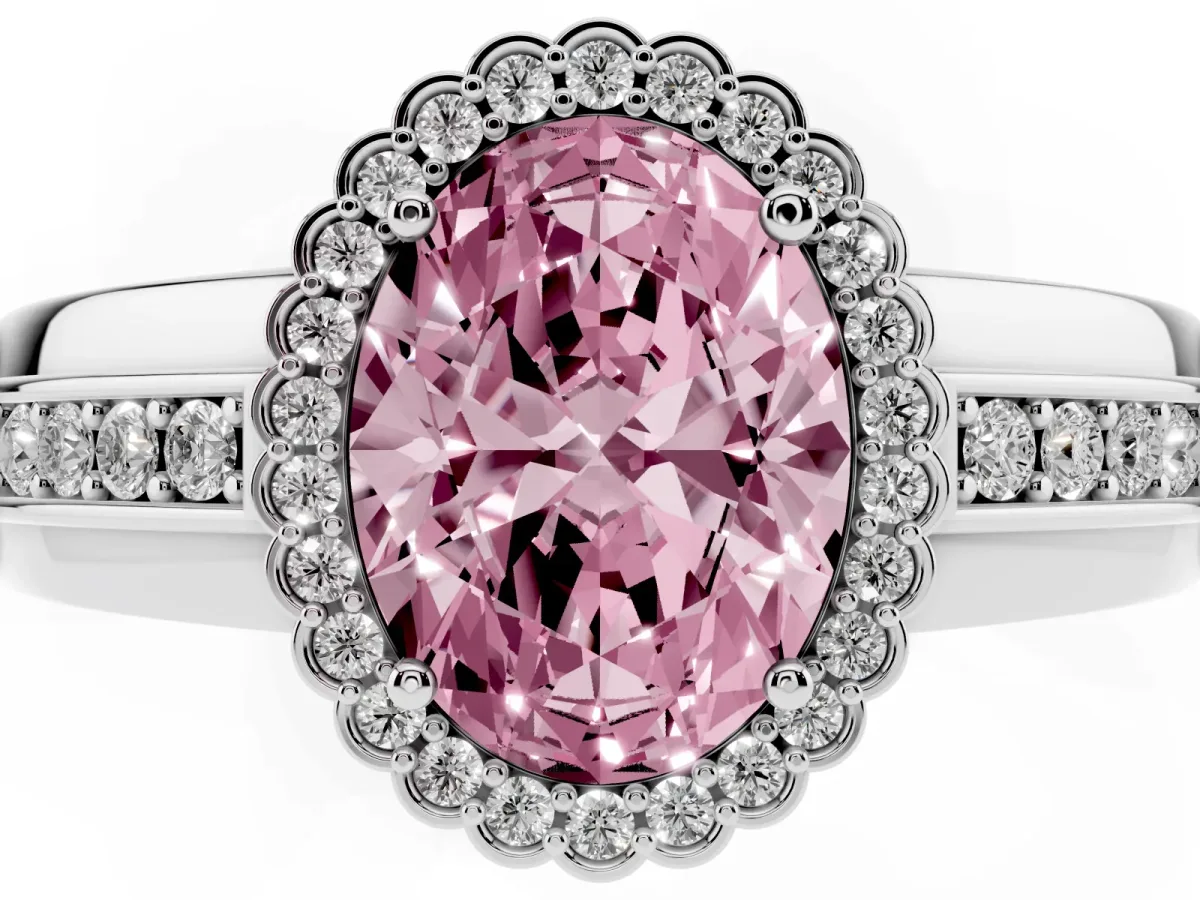 Fancy Pink Oval Cut Cut Halo Pave Band Four-Prong Ring Platinum