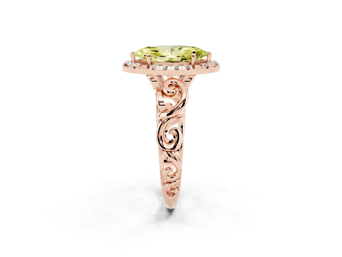 Fancy Yellow Marquise Cut Cut Halo Diamond Ring with Scrollwork Band and Four-Prong Setting Rose gold