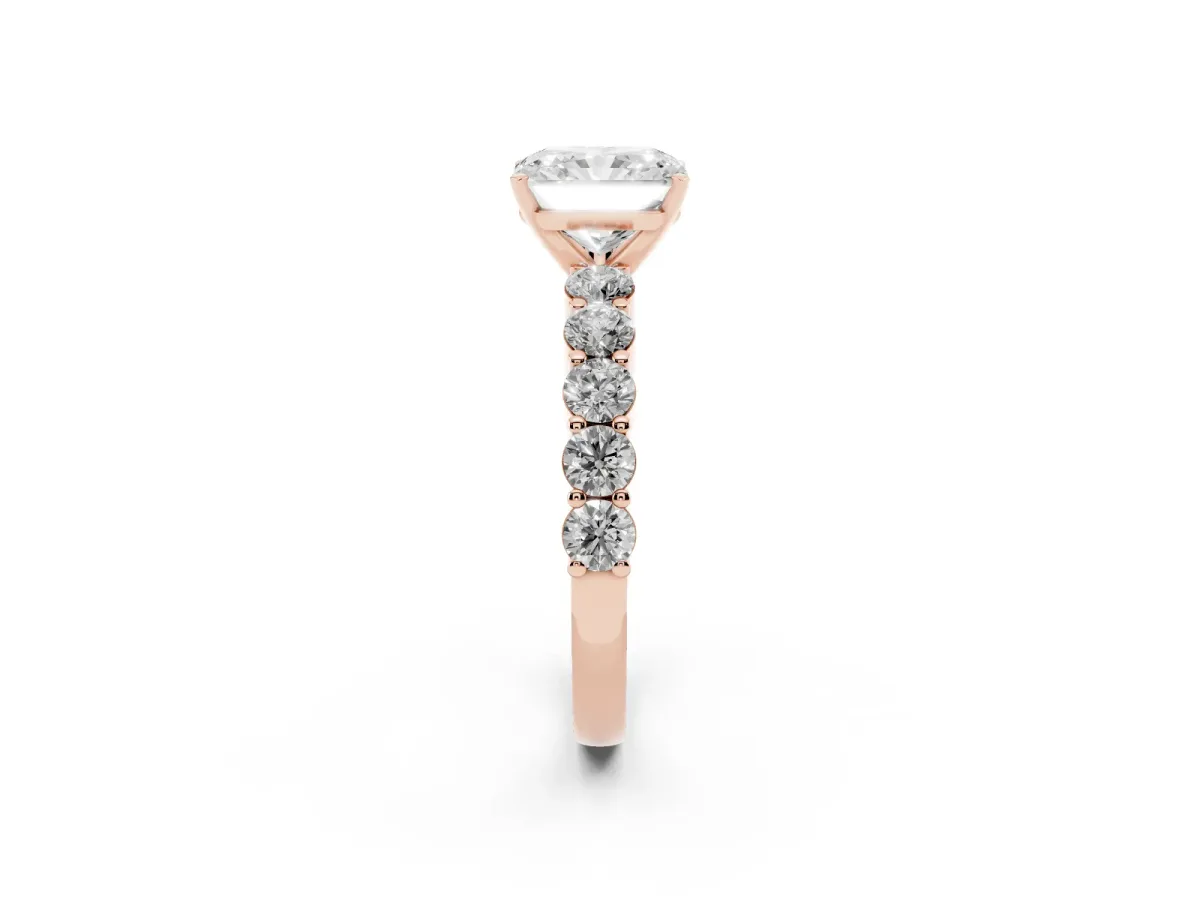 Radiant Cut Diamond Solitaire Ring with Shared Prong Round Side Stones Rose gold