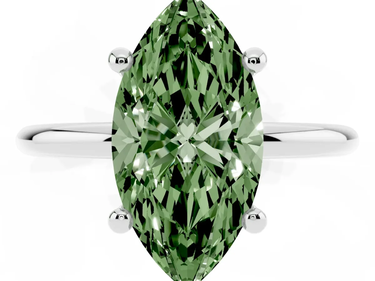 Fancy Green Marquise Cut Solitaire Diamond Ring with 4-Prong Setting on a Classic Band Platinum
