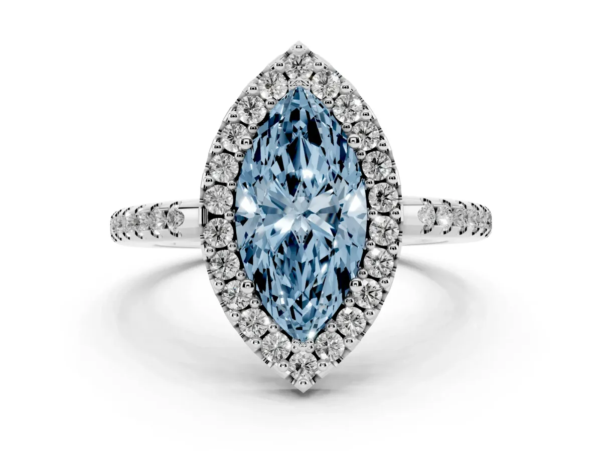 Fancy Blue Marquise Cut Diamond Pavé Halo Ring with Four-Prong Setting Silver
