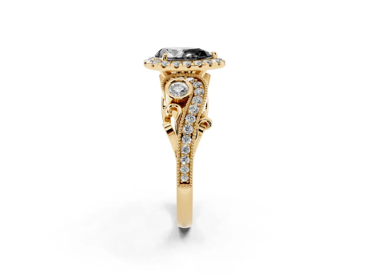 Fancy Black Pear Cut Halo Diamond Ring with Milgrain and Bezel Accents on a Split Shank Band Yellow gold
