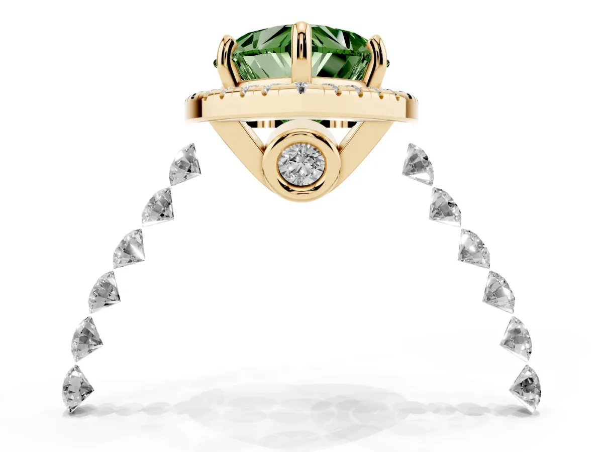 Fancy Green Heart Cut Halo Pavé Diamond Engagement Ring with Four-Prong Setting Yellow gold
