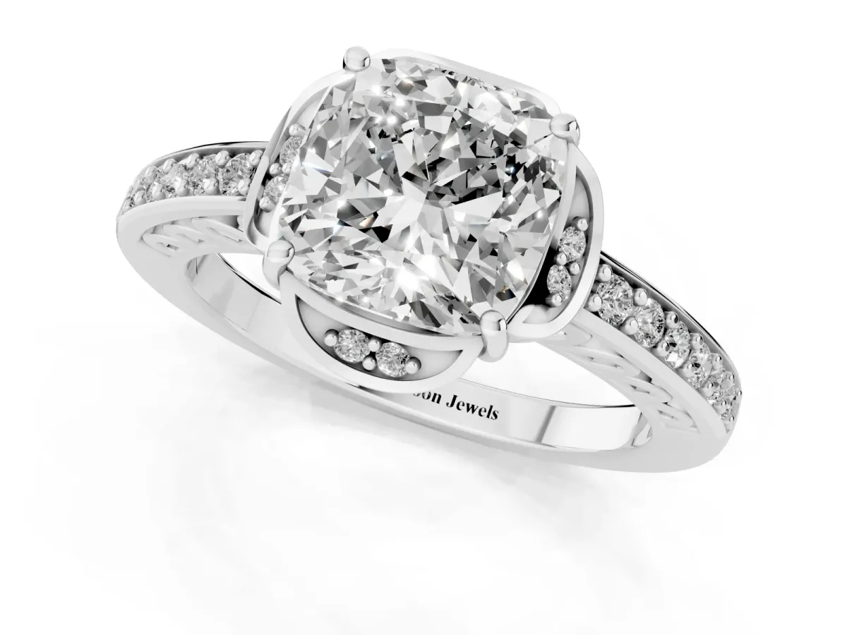 Cushion Cut Cut Halo Diamond Ring with Channel Set Band and Four-Prong Setting Platinum