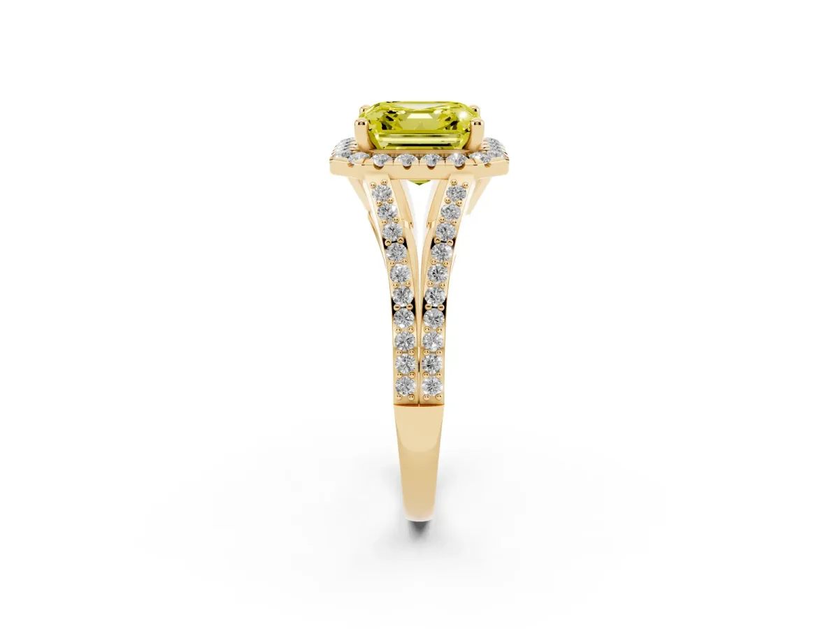 Fancy Yellow Asscher Cut Halo Split Shank Diamond Ring with Prong Setting Yellow gold