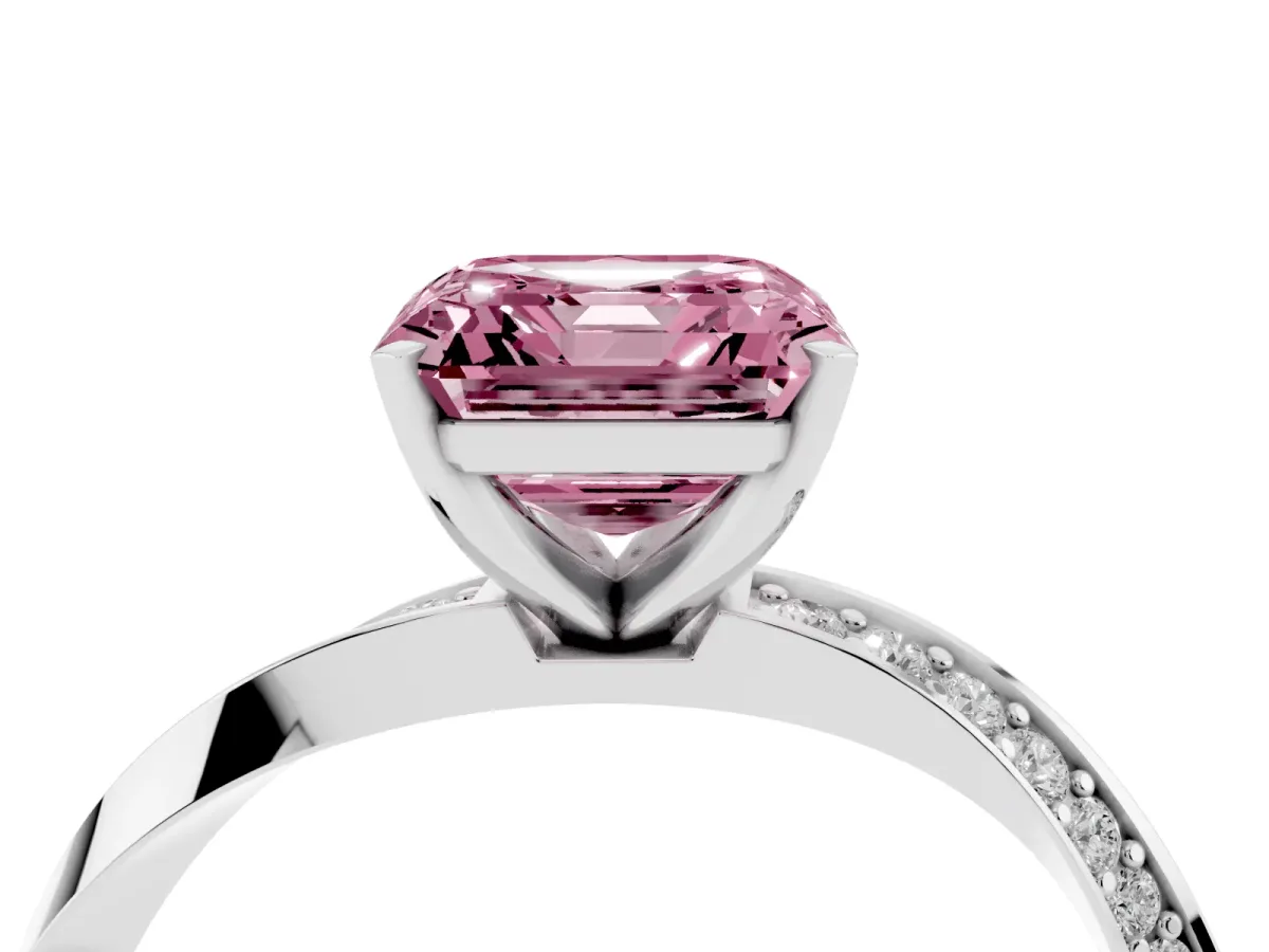 Fancy Pink Asscher Cut Diamond Engagement Ring with Side Stone Accents and Four-Prong Setting Silver