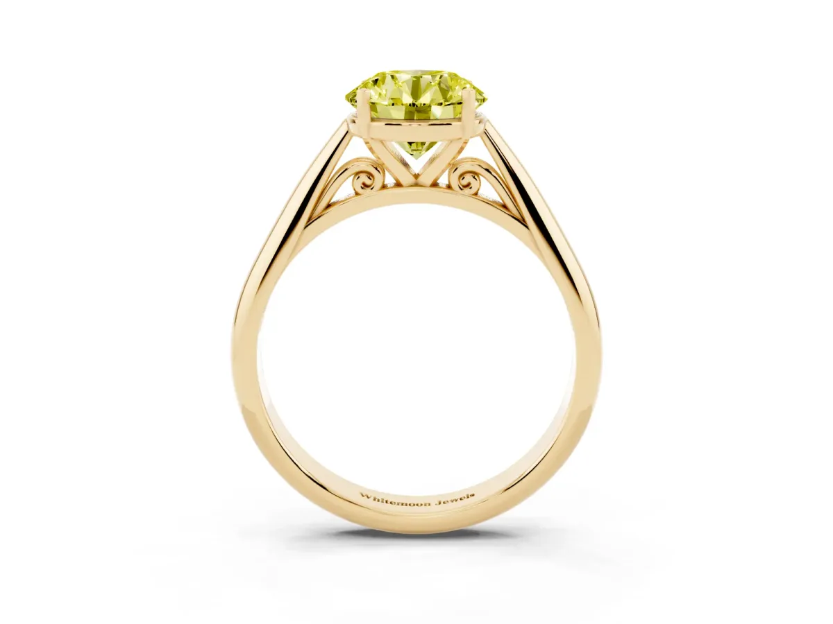 Fancy Yellow Round Cut Diamond Solitaire Engagement Ring with Cathedral Setting and Four-Prong Mount Yellow gold