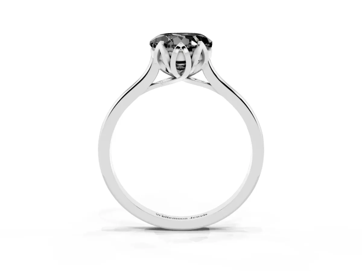 Fancy Black Round Cut Diamond Solitaire Ring with Flower Prong Setting and Classic Band Silver