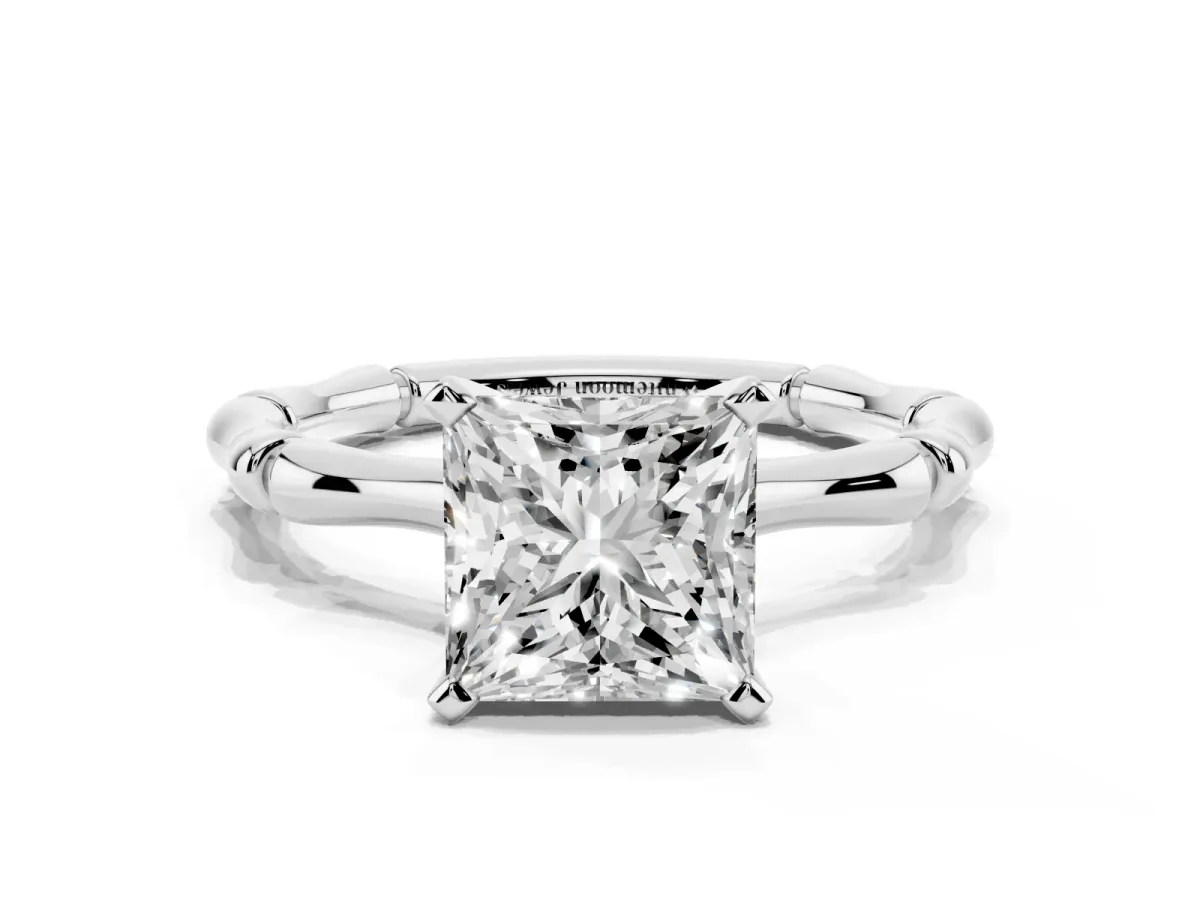 Princess Cut Solitaire Diamond Ring with Bamboo Band and Four-Prong Setting Silver