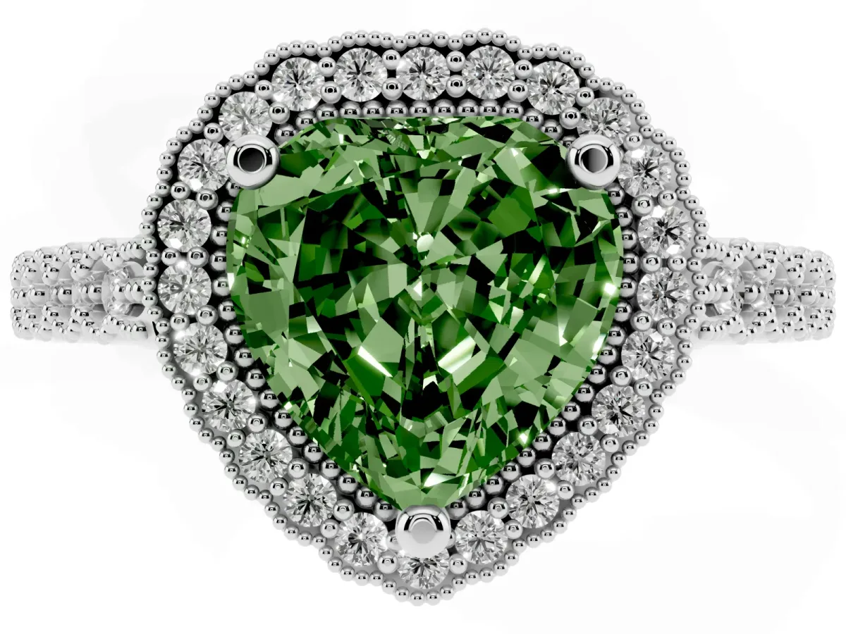 Fancy Green Heart Cut Cut Halo Pavé Solitaire Ring with Milgrain Band White gold