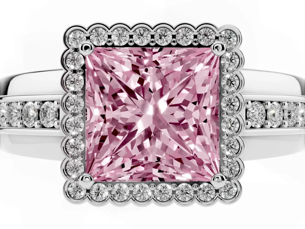 Fancy Pink Princess Cut Cut Halo Pave Band Four-Prong Ring Platinum