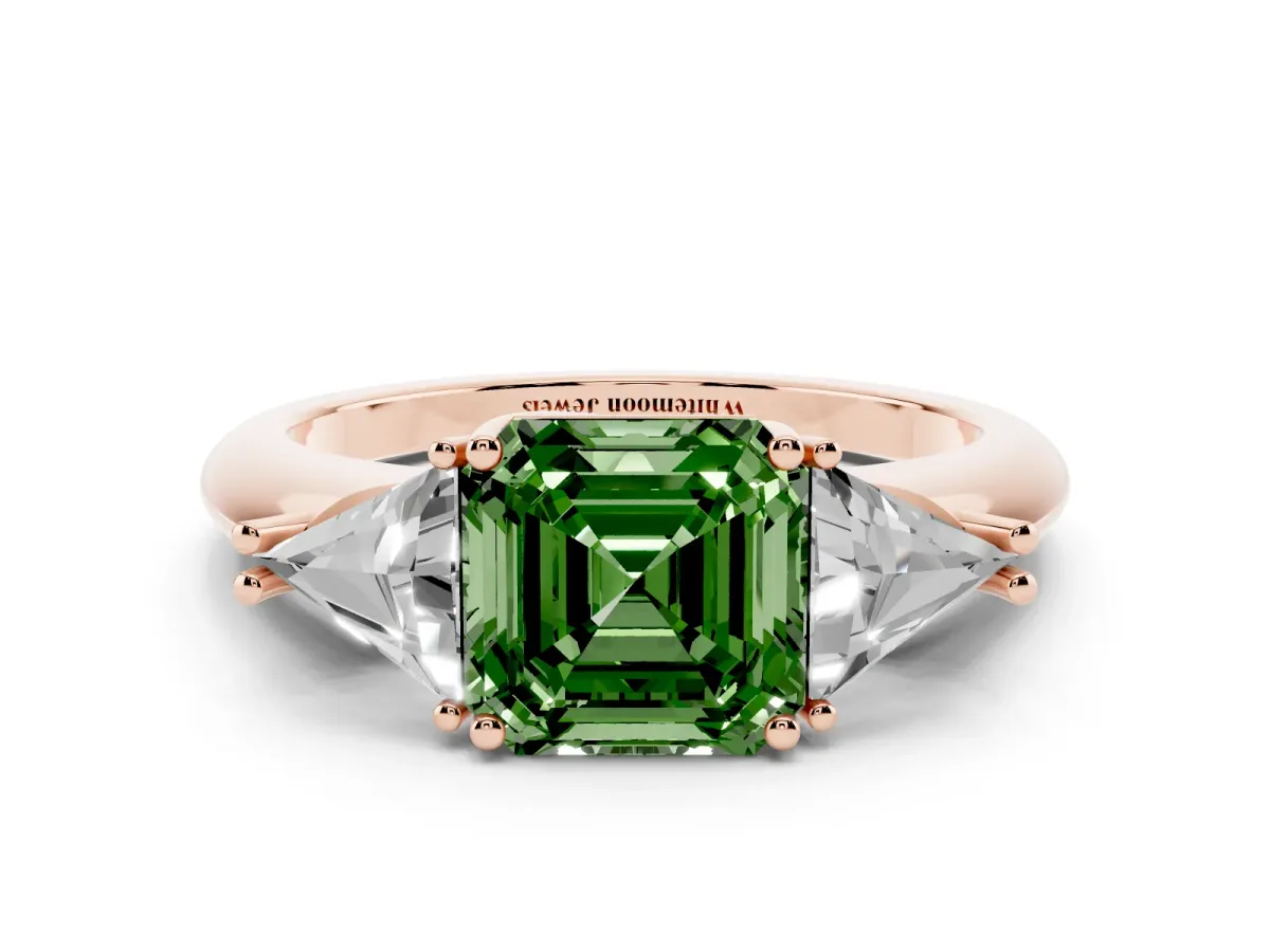 Fancy Green Three-Stone Asscher Cut Diamond Engagement Ring with Trillion Side Stones and Prong Setting Rose gold