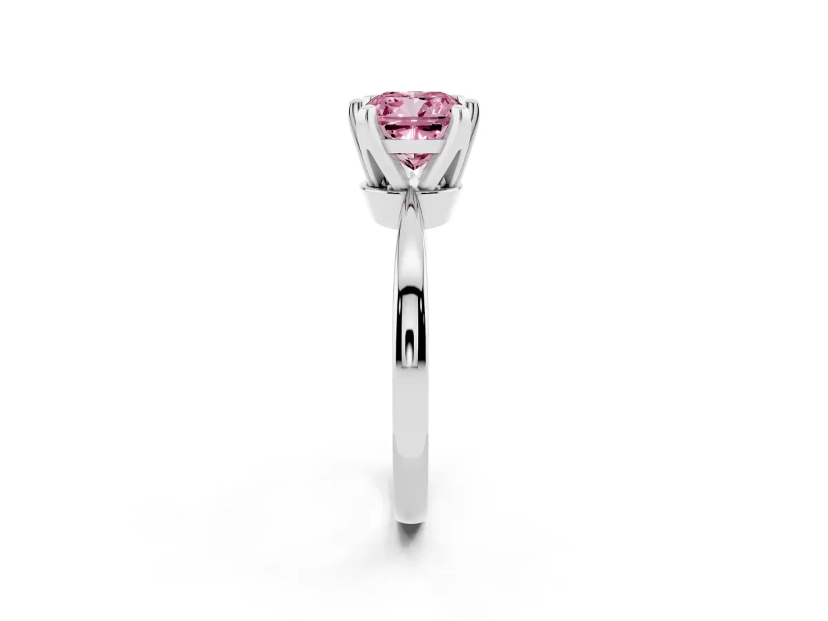 Fancy Pink Cushion Cut Solitaire Engagement Ring with Six-Prong Setting and Tapered Band Silver