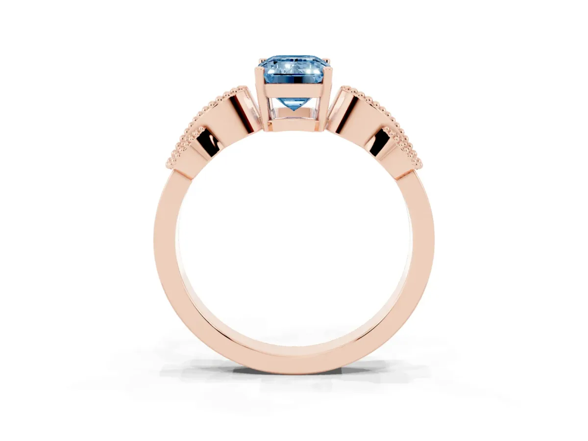 Fancy Blue Emerald Cut Solitaire Milgrain Leaf Band with Prong Setting Rose gold