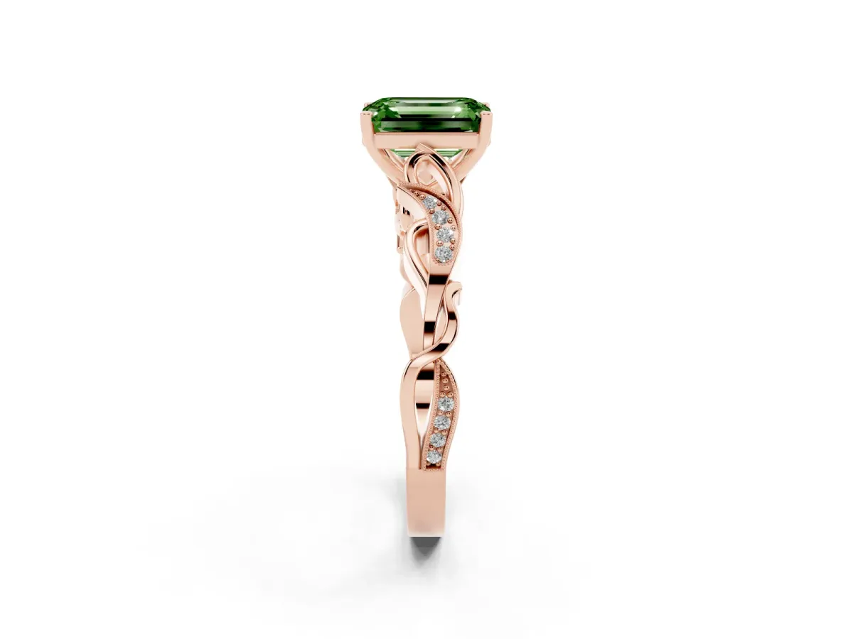 Fancy Green Emerald Cut Solitaire Vine Band with Milgrain Prong Setting Rose gold