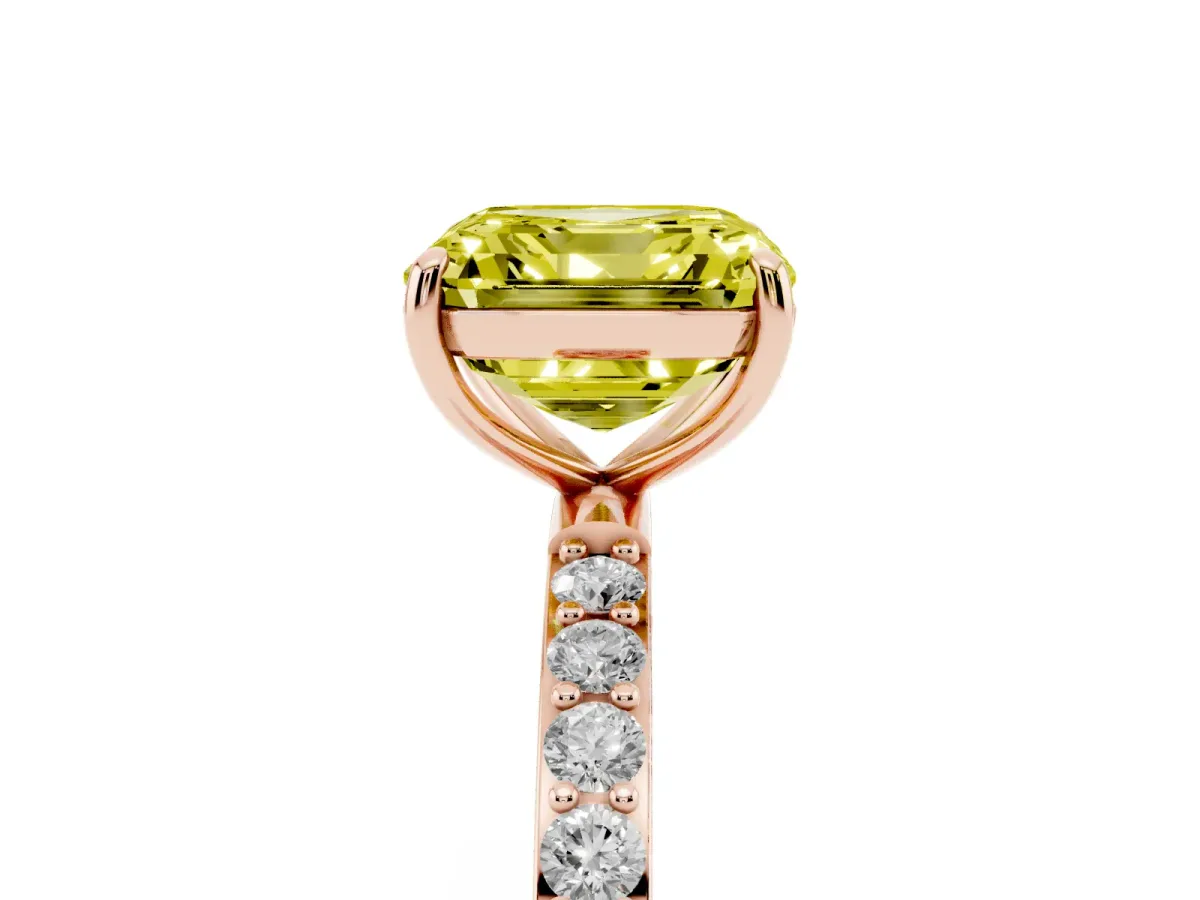 Fancy Yellow Asscher Cut Diamond Solitaire Ring with Round Pavé Shoulders and Prong Setting Rose gold