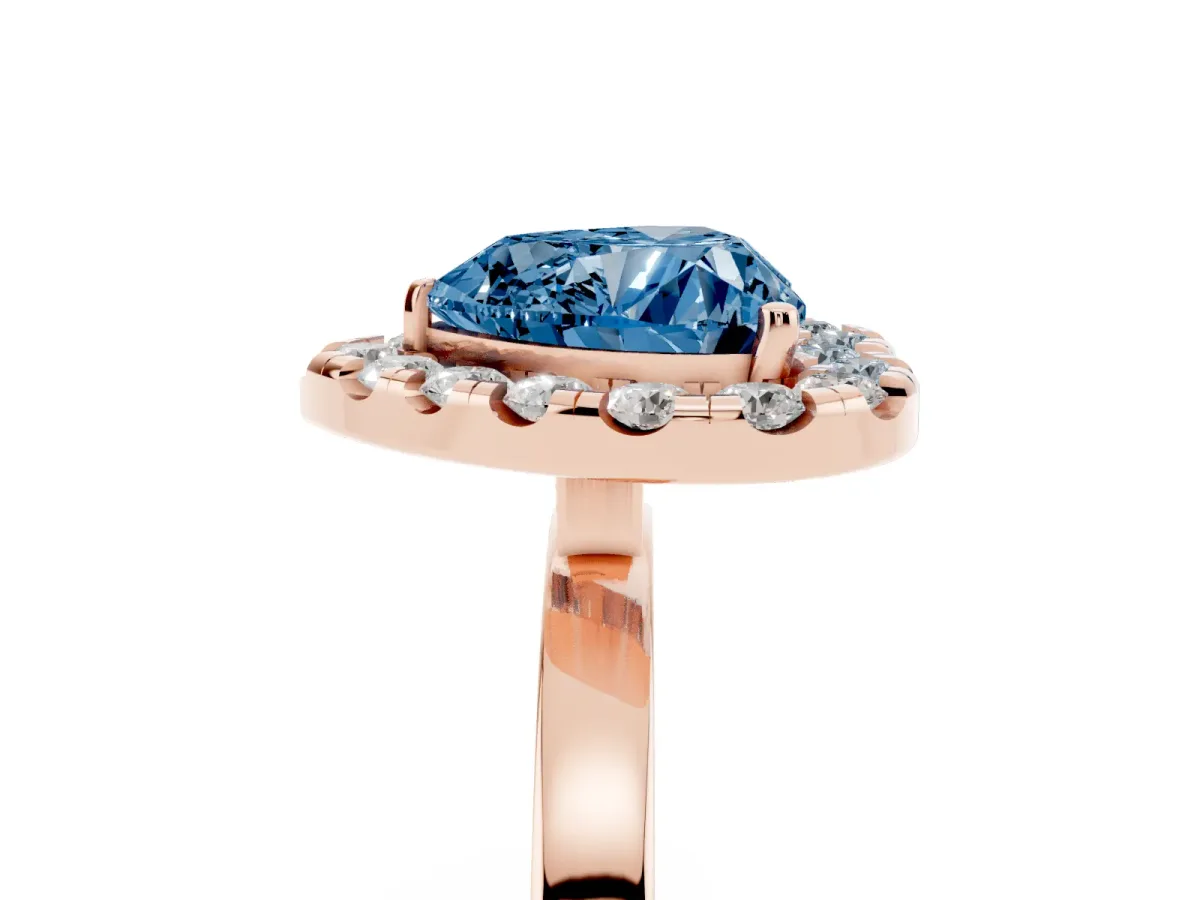 Fancy Blue Heart Cut Halo Diamond Solitaire with Pavé Band and Four-Prong Setting Rose gold