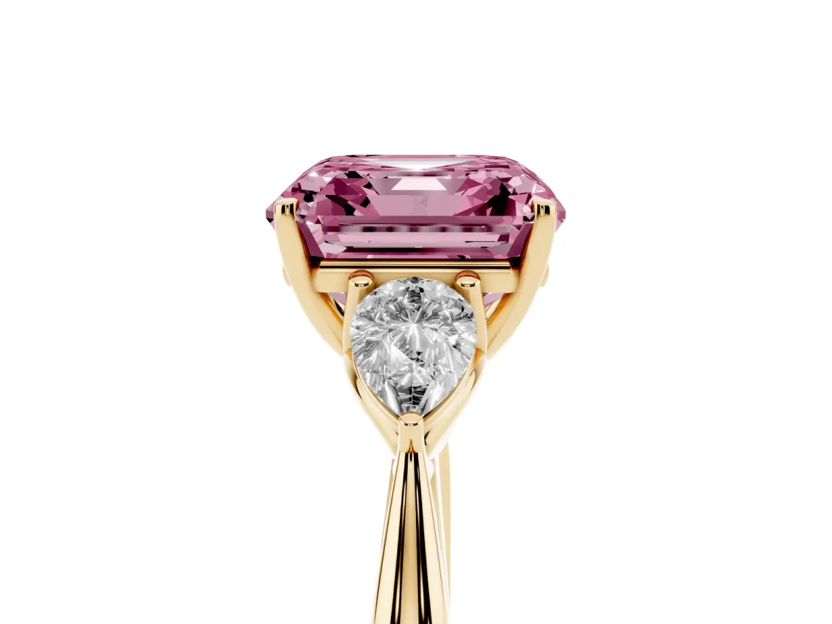 Fancy Pink Asscher Cut Diamond Three-Stone Ring with Pear Side Stones and Prong Setting Yellow gold