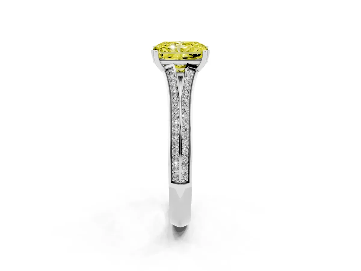 Fancy Yellow Radiant Cut Diamond Split Shank Engagement Ring with Pavé Band Platinum