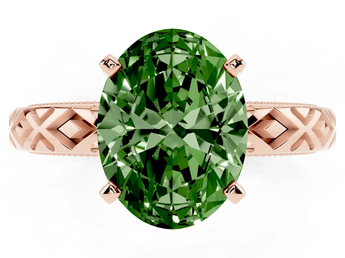 Fancy Green Oval Cut Solitaire Diamond Ring with Milgrain and Black Enamel X Pattern Band Rose gold