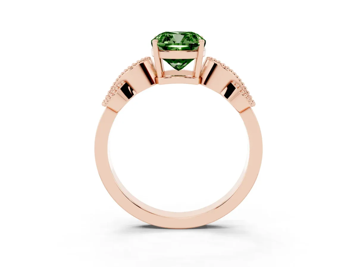 Fancy Green Cushion Cut Solitaire Milgrain Leaf Band with Prong Setting Rose gold