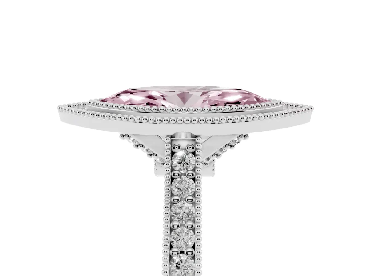 Fancy Pink Halo Marquise Cut-Cut Diamond Pave Band Milgrain Prong Setting Ring Silver