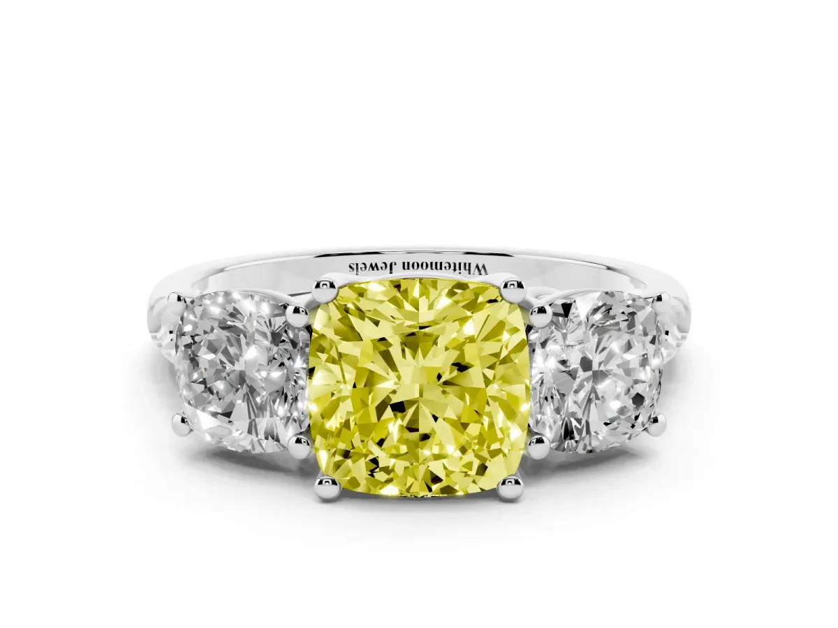 Fancy Yellow Three-Stone Cushion Cut Diamond Ring with Round Pavé Band and Prong Setting Silver