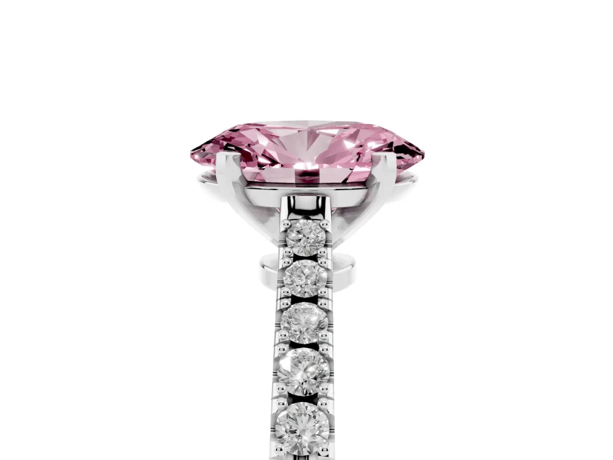 Fancy Pink Oval Cut Cut Solitaire Diamond Engagement Ring with Pave Band and Four-Prong Setting Platinum