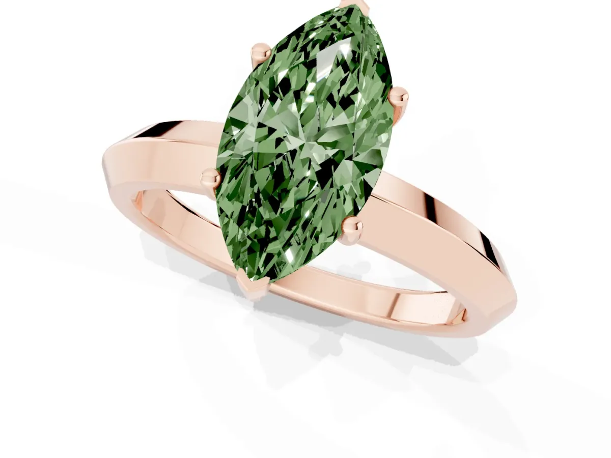Fancy Green Marquise Cut Cut Solitaire Engagement Ring with Flat Band and Four-Prong Setting Rose gold