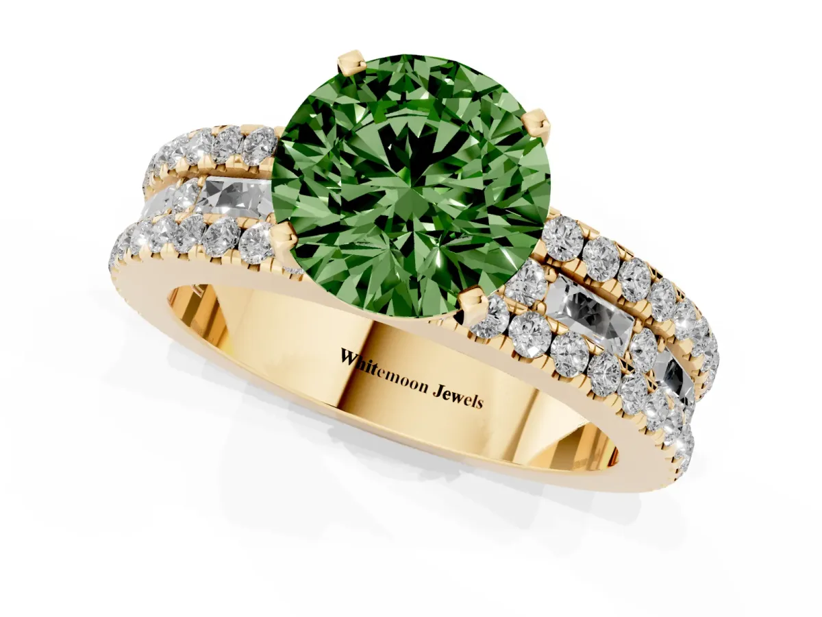 Fancy Green Round Cut Diamond Solitaire Ring with Pavé and Channel Set Band Yellow gold