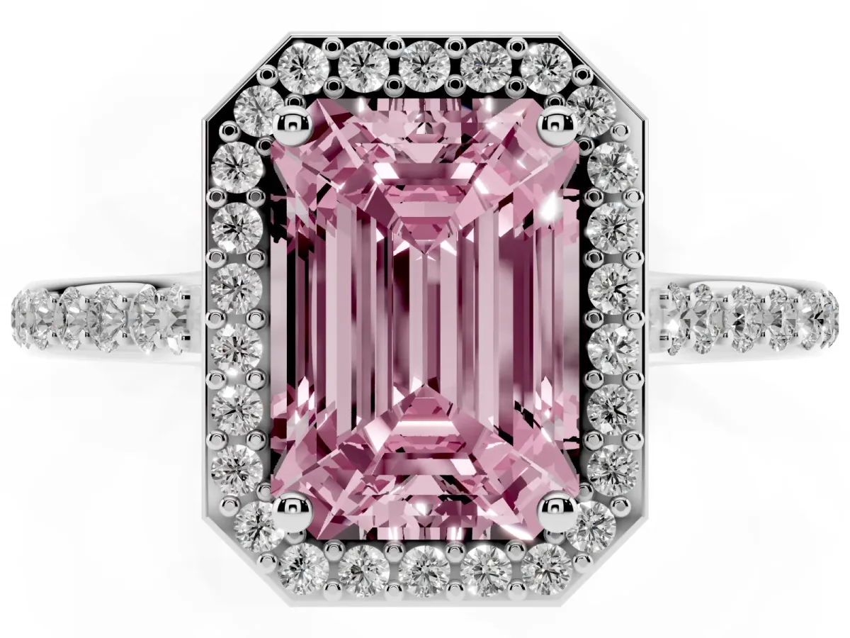 Fancy Pink Emerald Cut Diamond Halo Engagement Ring with Round Pavé Shoulders and Prong Setting White gold