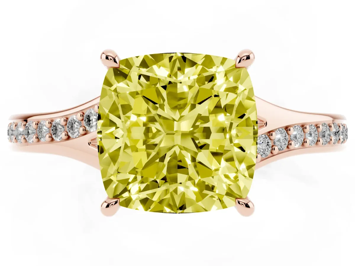 Fancy Yellow Cushion Cut Diamond Solitaire Ring with Pavé Band and Prong Setting Rose gold