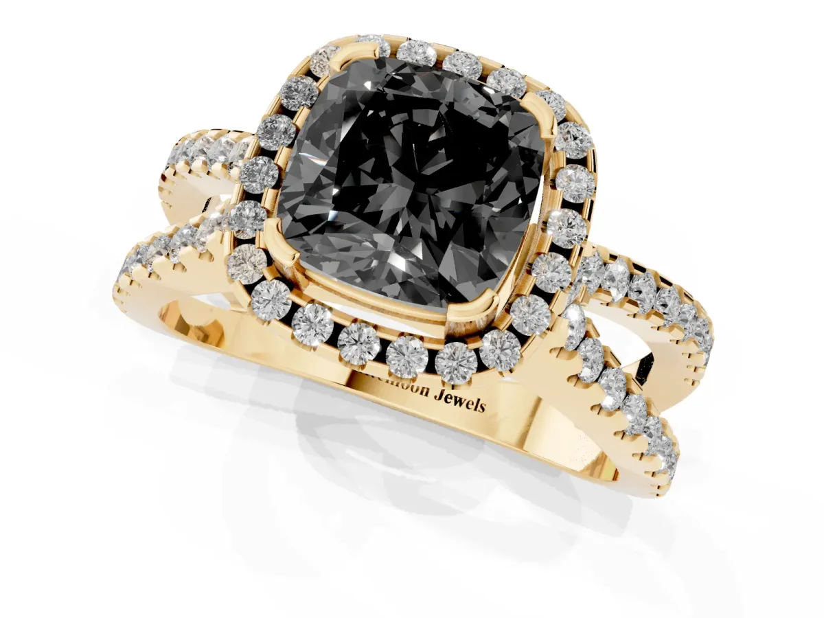 Fancy Black Cushion Cut Diamond Halo Ring with Split Shank Pavé Band and Prong Setting Yellow gold