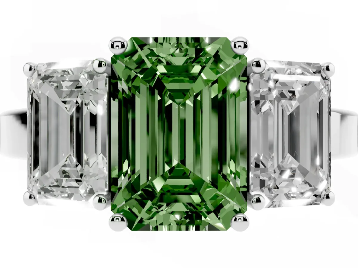 Fancy Green Three-Stone Emerald Cut Cut Diamond Engagement Ring with Flat Band and Four-Prong Setting Silver