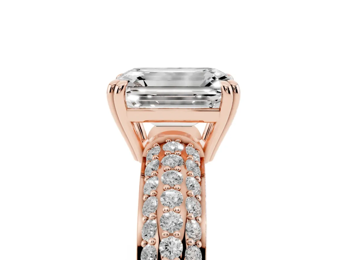Emerald Cut Diamond Solitaire Ring with Multi-Row Round Pavé Band and Prong Setting Rose gold